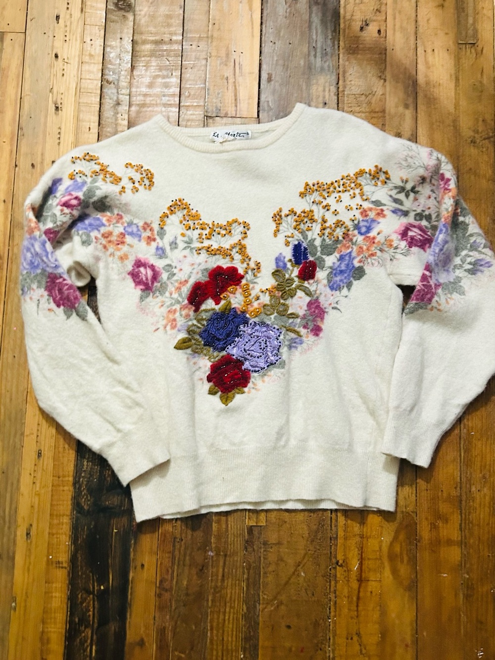 Vintage La Monte Ivory Floral Embellished Knit Sweater